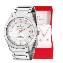 Relógio Prata feminino Champion Analógico Original + Conjunto Colar E Brinco Feminino CN29409N Relógio Relógio Feminino