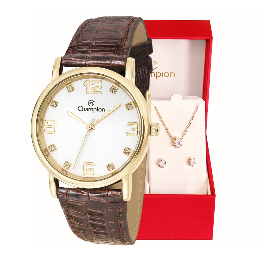 Relógio Feminino Champion Analógico Couro Marron Kit Colar e Brincos CN20186B em Oferta na Shopee