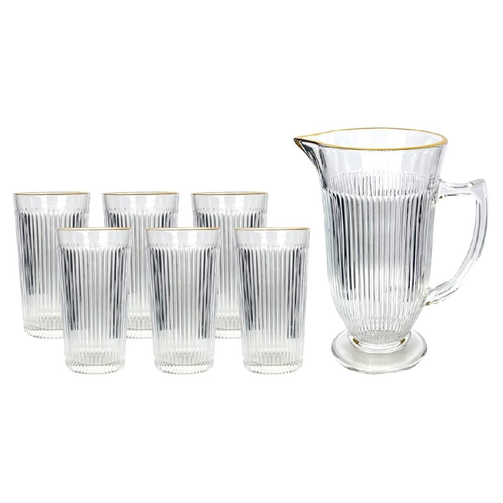 Conjunto Lila Com Jarra E 6 Copos De Vidro - Borda Dourada