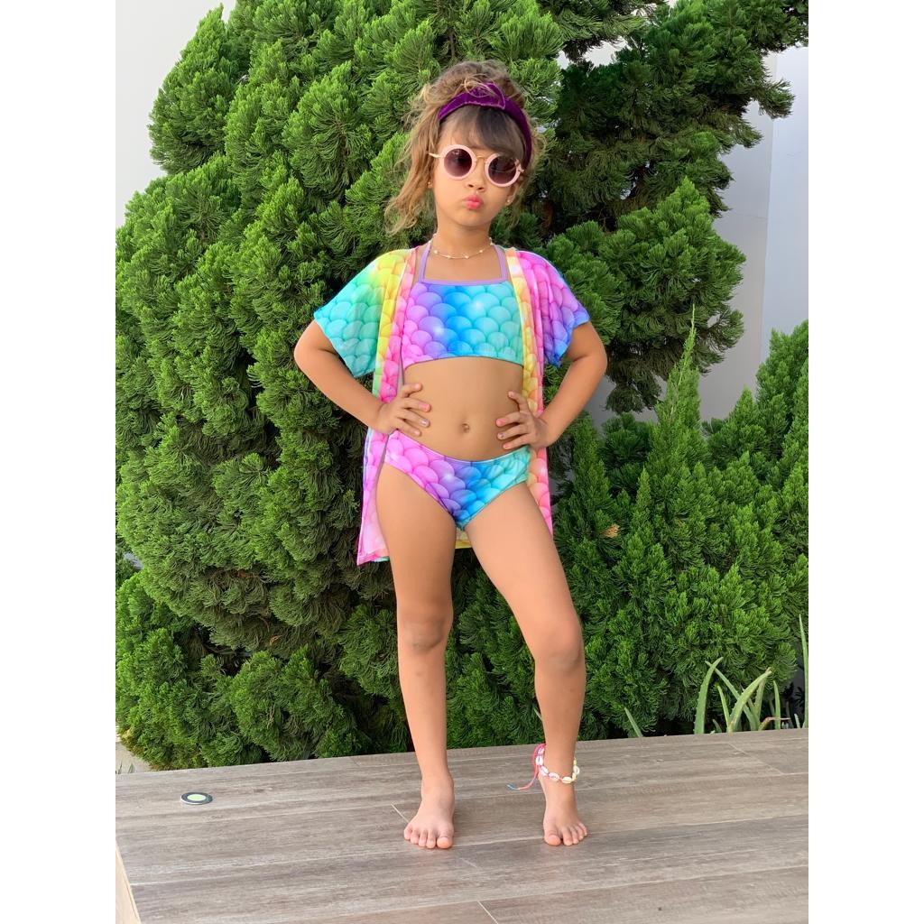 conjunto kimono arco-iris sereia biquini infantil menina blogueirinha
