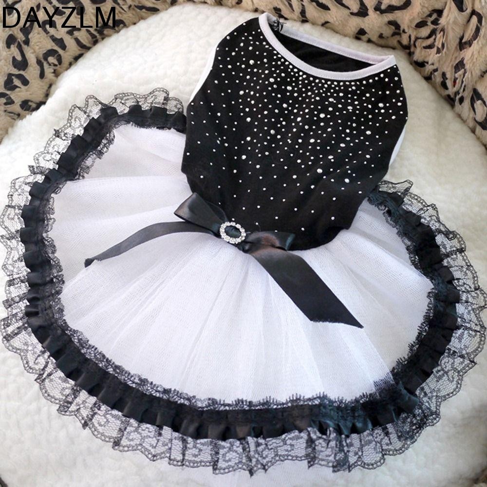 DAYZLM Vestido Tutu Para Cachorro , Com Acabamento Em Renda , Diamante , Glitter , Laço , Saia Preto-Branco , Vestidos C