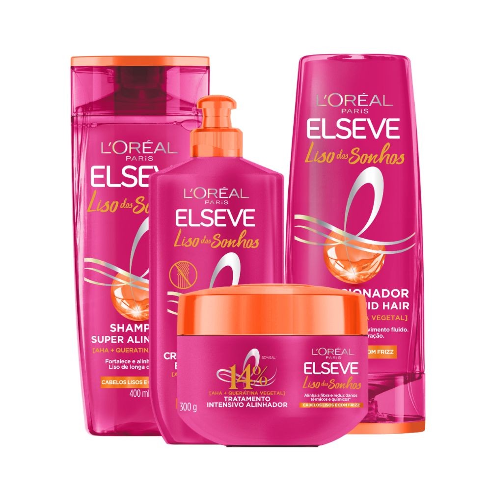 Kit Elseve Liso Dos Sonhos AHA + Queratina Vegetal Shampoo 400ml + Cond 400ml + Pentear + Creme Trat (4 produtos) em Oferta na Shopee