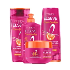Kit Elseve Liso Dos Sonhos AHA + Queratina Vegetal Shampoo 400ml + Cond 400ml + Pentear + Creme Trat (4 produtos)