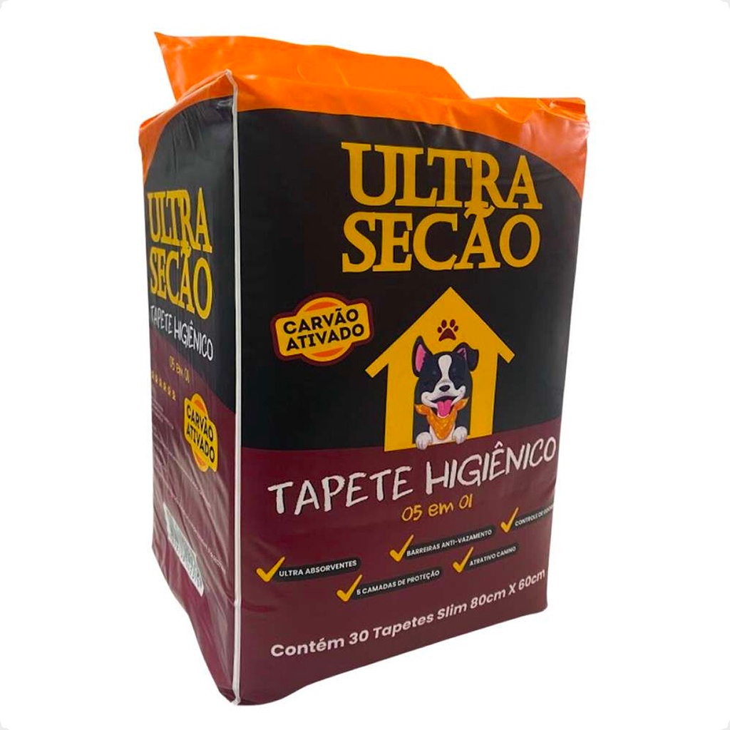 Tapete Higiênico Ultra Secão Carvão Ativado 80x60 para Cães - 30 Unidades