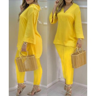 2024 Venda Quente Estilo Plus Cor Novo Estilo Simples Cor Manga Flare Decote em V e Calças Traje de Moda Feminino