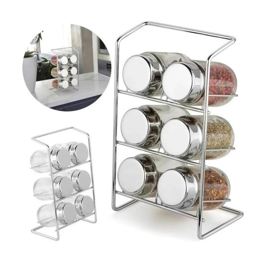 Porta Condimentos Temperos De Bancada 6 Potes De Vidro 100ml Tampa Inox Suporte Aramado Alto Padrão Design Elegante Sofisticado Praticidade Cozinha Casa Smart House