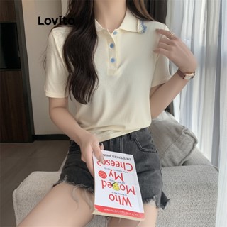 Lovito Camiseta Feminina Casual Com Costura Em Tecido Liso E Botão LNE35026 (Damasco)