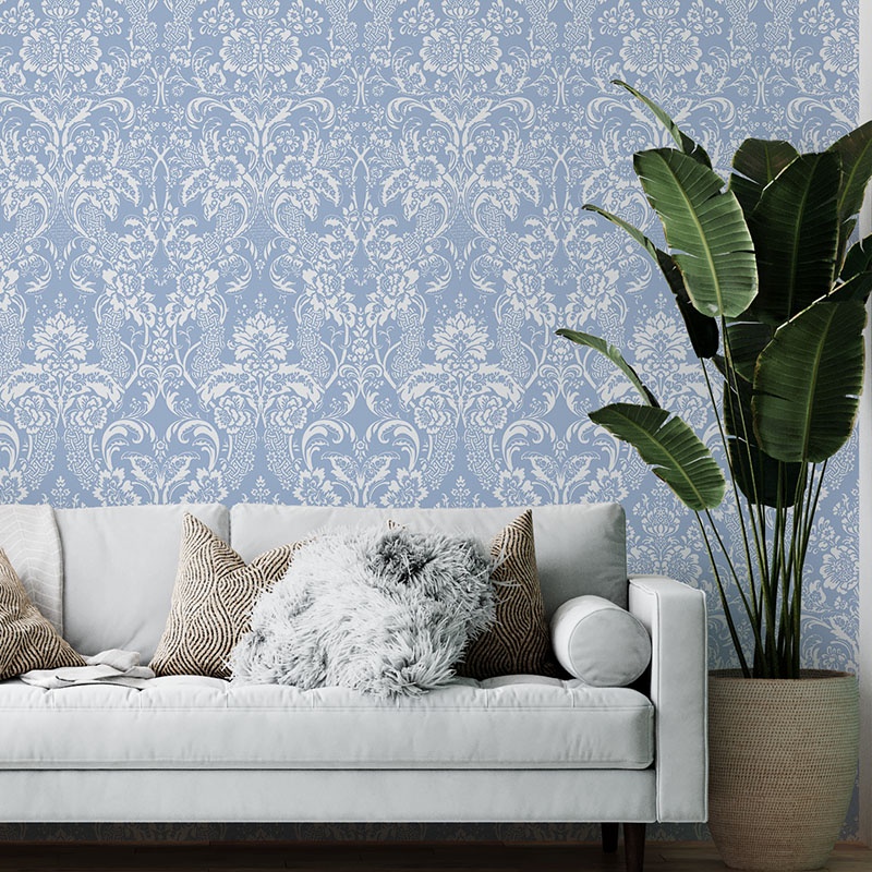 Papel de Parede Adesivo Arabesco Floral Azul Com Fundo Branco 3m