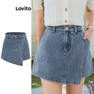 Lovito Casual Shorts Jeans Feminino Liso com Bolso e Botão L67AD152 (Multicolorido)