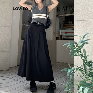 Lovito Casual Saia Feminina Lisa Básica Drapeada Preppy Estilo Cargo L49AD093 (Preta)