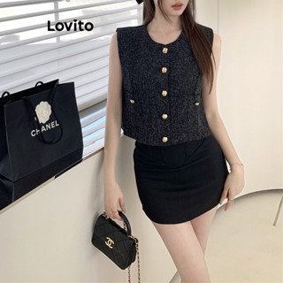 Lovito Regata Feminina Elegante Com Botão Liso E Bolso Falso LNE33003 (Preto)