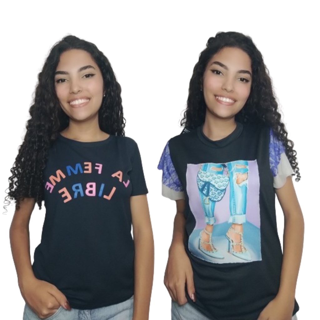 Kit 2 Blusa T-shirt Azul e Preta Com Mangas de Renda Estampa Moda Evangelica e Camiseta Feminina