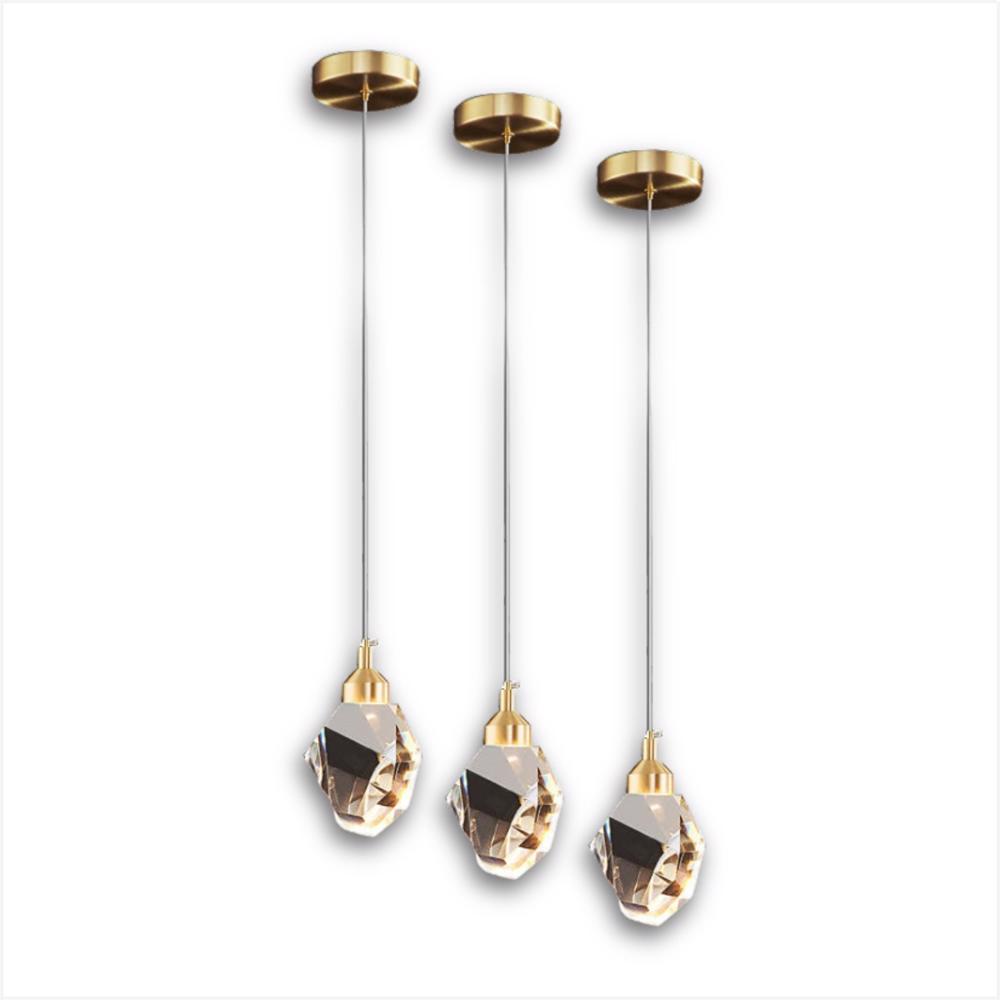 Kit 3 Luminárias Pendentes Pedra Cristal Lapidada 3w 3 em 1 Sala Mesa Cozinha Nobre Luz