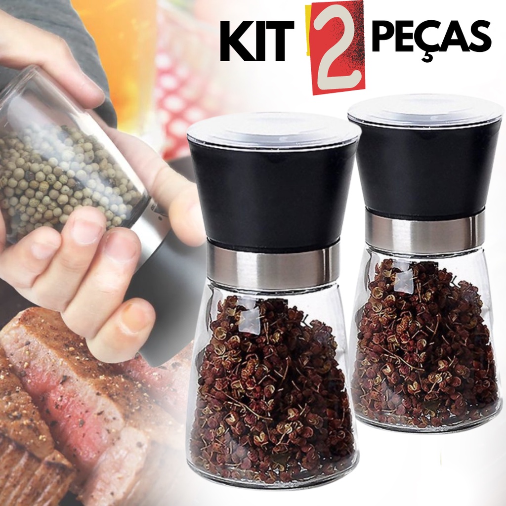 Kit 2 Moedor De Tempero com Regulador Sal Pimenta Porta Condimentos Especiarias De Vidro P...
