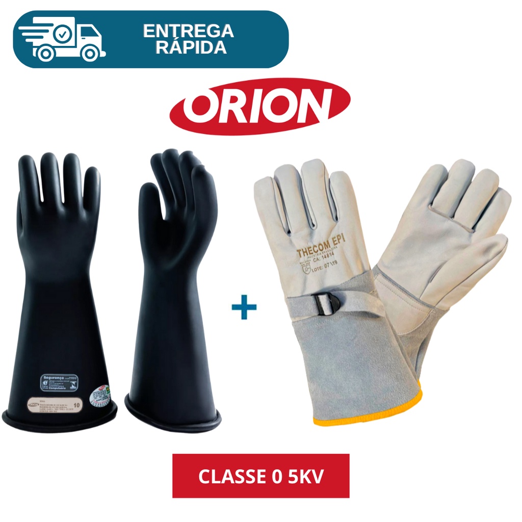 Luva De Alta Tensão Isolante Classe 1 10kv 7.500v + Luva De Cobertura Eletricista Proteção Orion