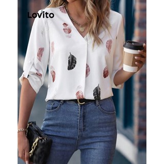 Lovito Blusa Elegante Com Fivela De Penas Para Mulheres LNE31096 (Branco Preto)