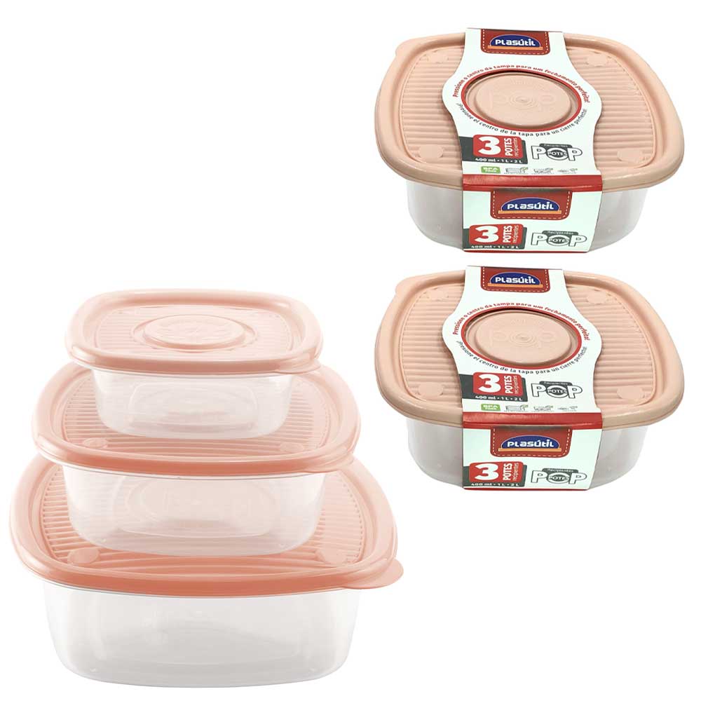 Jogo com 6 potes salmão rosa plastico para mantimentos alimentos frutas freezer microondas vasilha marmita geladeira tapoer tapuer tapauer Plasútil