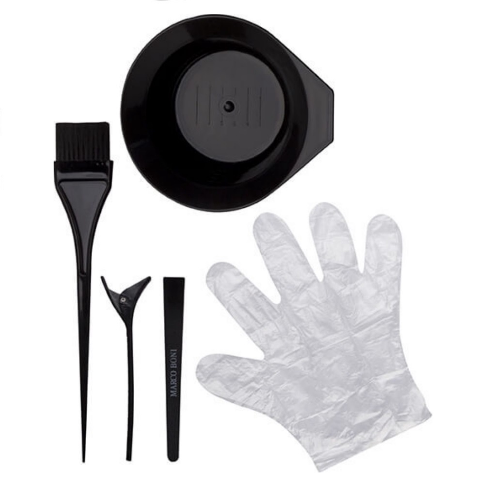 Kit Para Tintura de Cabelo, 2 Clips para cabelo, 1 Pincel para aplicação, 1 Par de luvas descartáveis, 1 Tigela para tintura, 1438, Marco Boni, Preto, 5 Itens