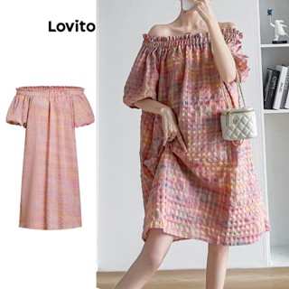 Lovito Vestido Fofo com Xadrez Argyle, Babados e Acabamento em Tecido Texturizado para Mulheres L73AD066 (Rosa)