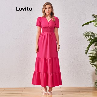 Lovito Vestido Casual Feminino Com Botão Liso E Babado Com Bainha E Manga Bufante LBL07005