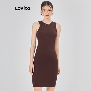 Lovito Casual Vestido Feminino Liso Alinhado L68ED239 (Marrom)