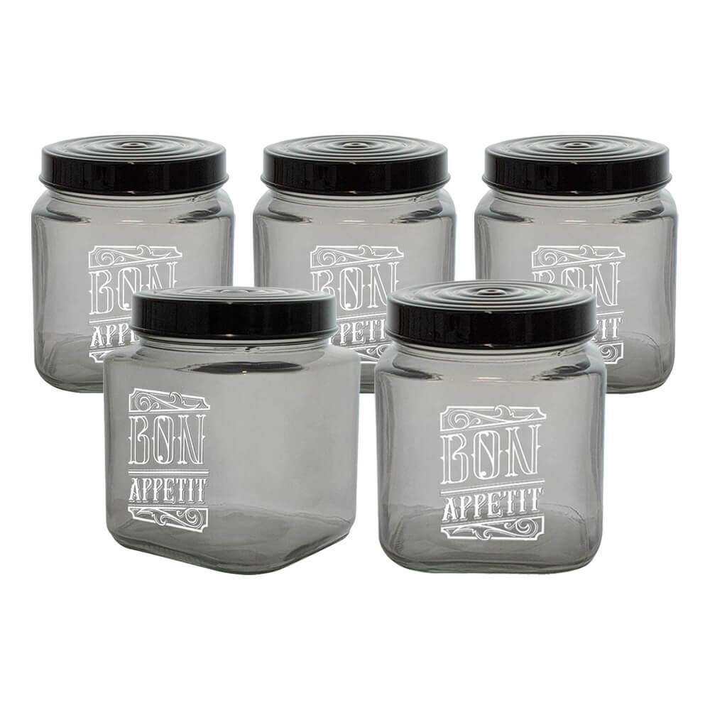 Conjunto de Potes de Vidro com Tampa Bon Appetit Preto 1L 5 peças - Casambiente