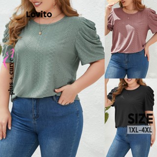 Lovito Camiseta Feminina Plus Size Curva Casual Com Mangas Bufantes Lisas LNL37028 (Rosa Empoeirado/Verde/Preto)