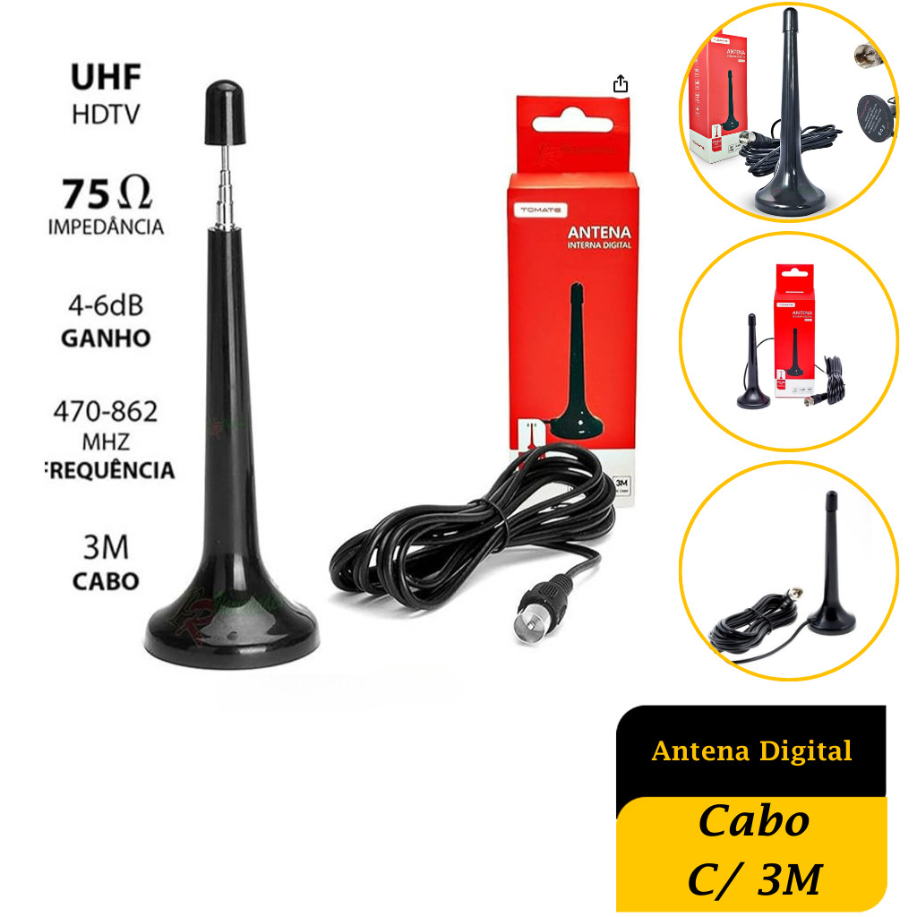 Antena Interna Digital Tv Digital Hdtv Dtv Tomate Cabo com 3 Metros