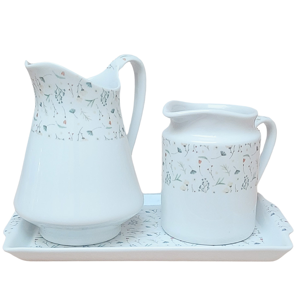 Jogo Café e Chá Mesa Posta, Bandeja + Jarra Leiteira 740ml + Jarra Suco 1,280ml - Kit Porcelana Decorada