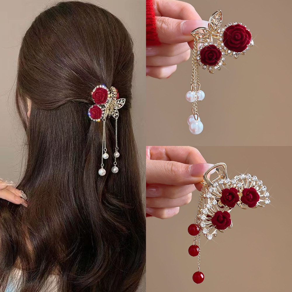 Prendedor De Cabelo Rosa Vermelha Tassel Bonito Temperamento Elegante Grampo Presilha Piranha em Oferta na Shopee