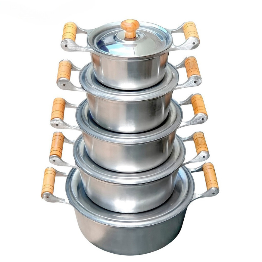 Imagem jogo de panelas polido em alumínio batido grosso fundido premium