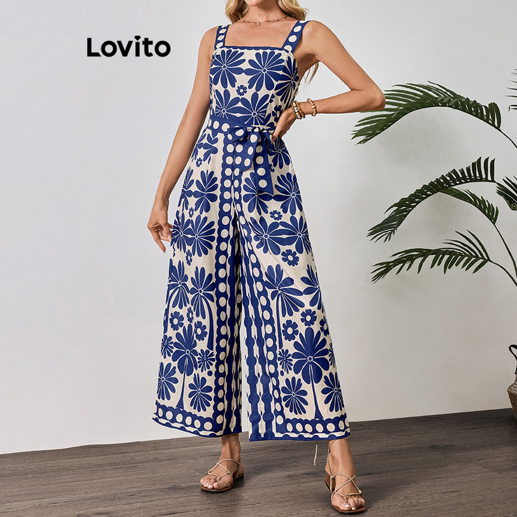 (Trendy) Lovito Macacão Boho Floral Com Cinto De Verão Para Mulheres LBL20623 em Oferta na Shopee