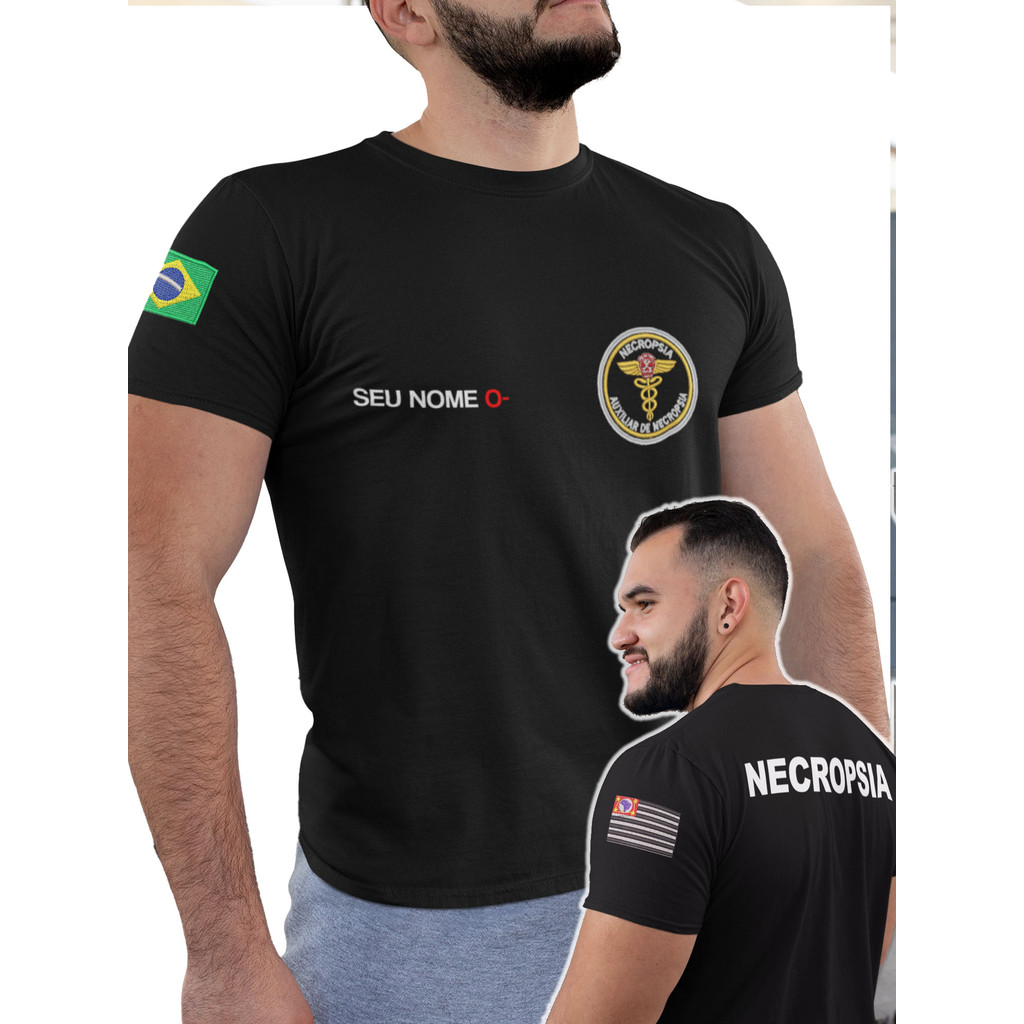 Camiseta Auxiliar de Necropsia Personalizada Nome e Tipo Sanguíneo e Bandeiras do Brasil e Estado