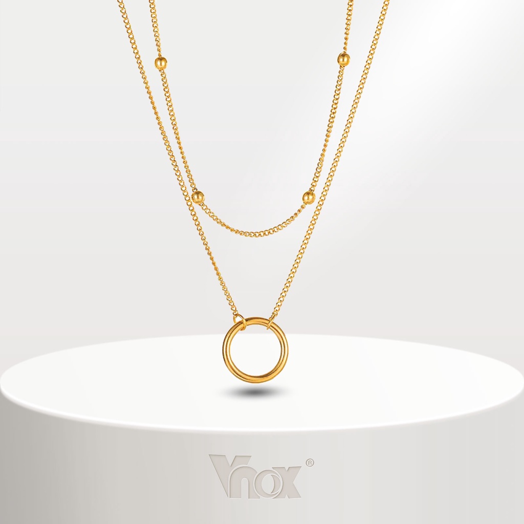 Vnox Colar De Corrente De Contas Dupla Camada De Ouro 18K Para Menina Feminina , Elo Aço Inoxidável