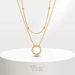 Vnox Colar De Corrente De Contas Dupla Camada De Ouro 18K Para Menina Feminina , Elo Aço Inoxidável