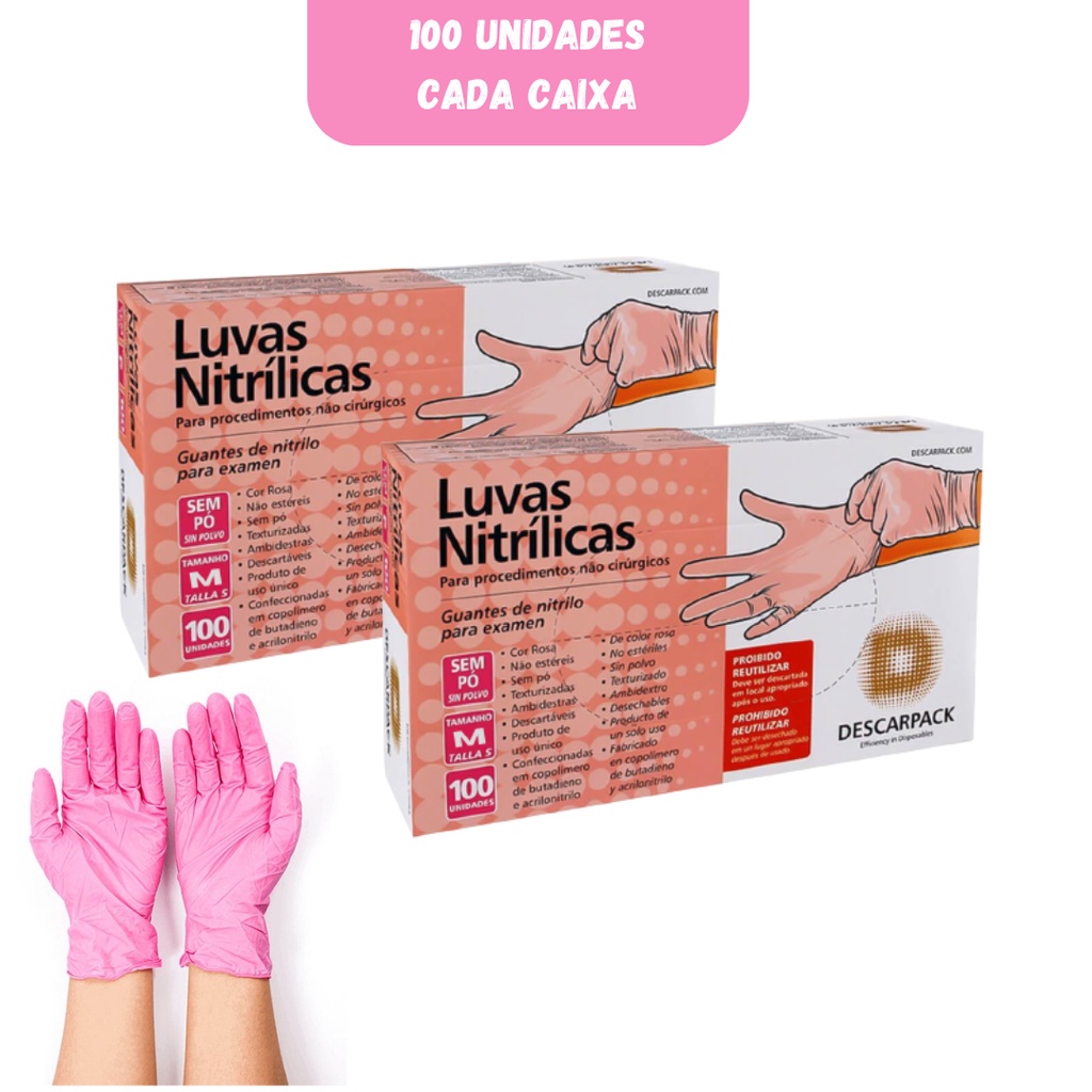 Luva Nitrilica Tamanho M Rosa 100 unidades Descarpack - Kit 2 Caixas