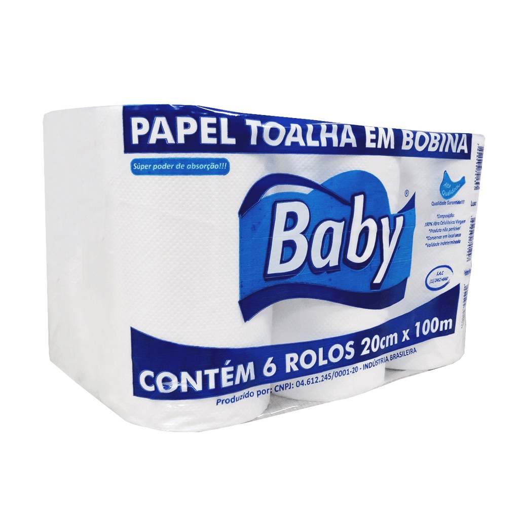 Papel Toalha Bobina Folha Simples Virgem Branco 6x100m Baby
