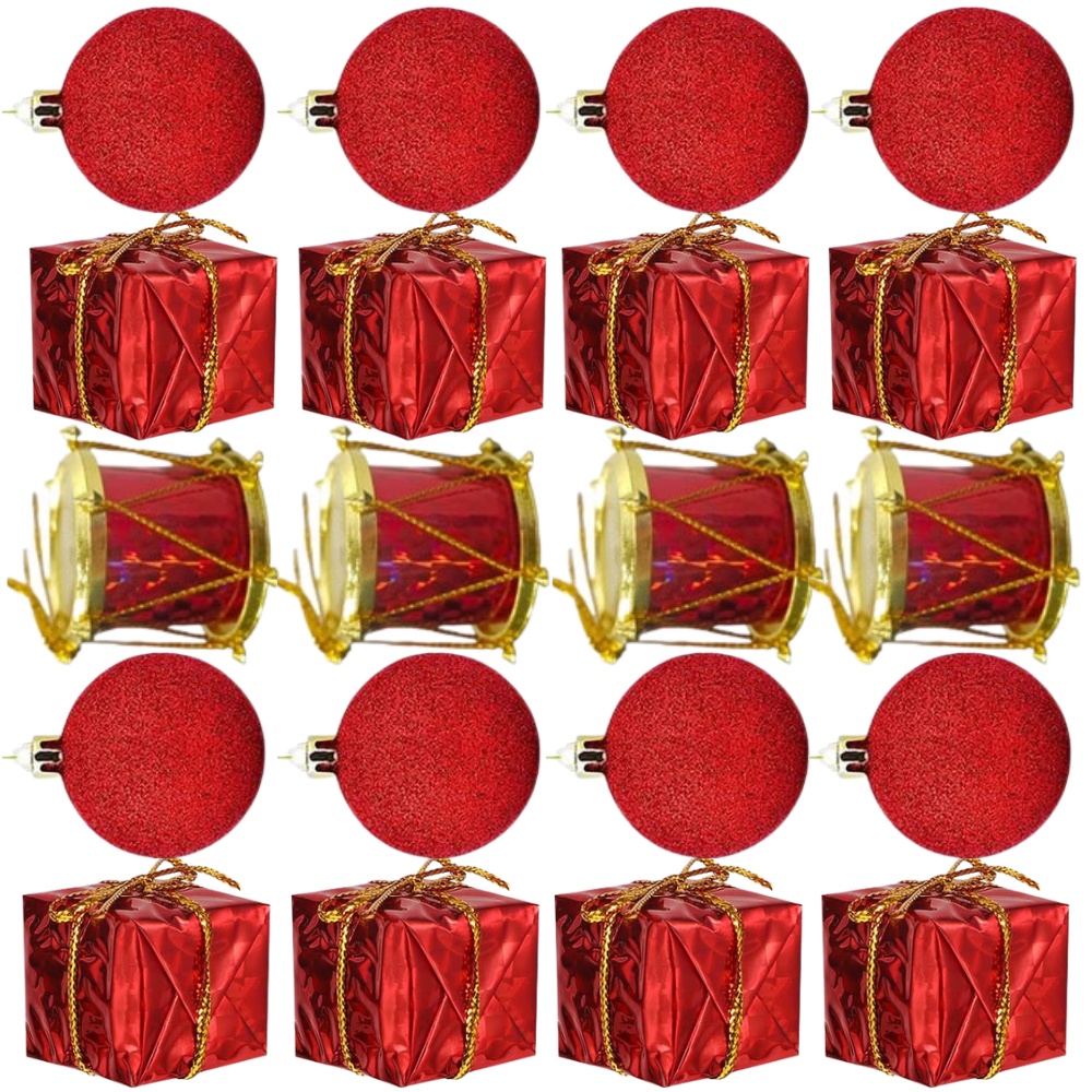 Kit 8 Bolinhas + 8 Presentinhos + 4 Tamborzinhos Arvore Natal Enfeites Natalinos 20 Pcs