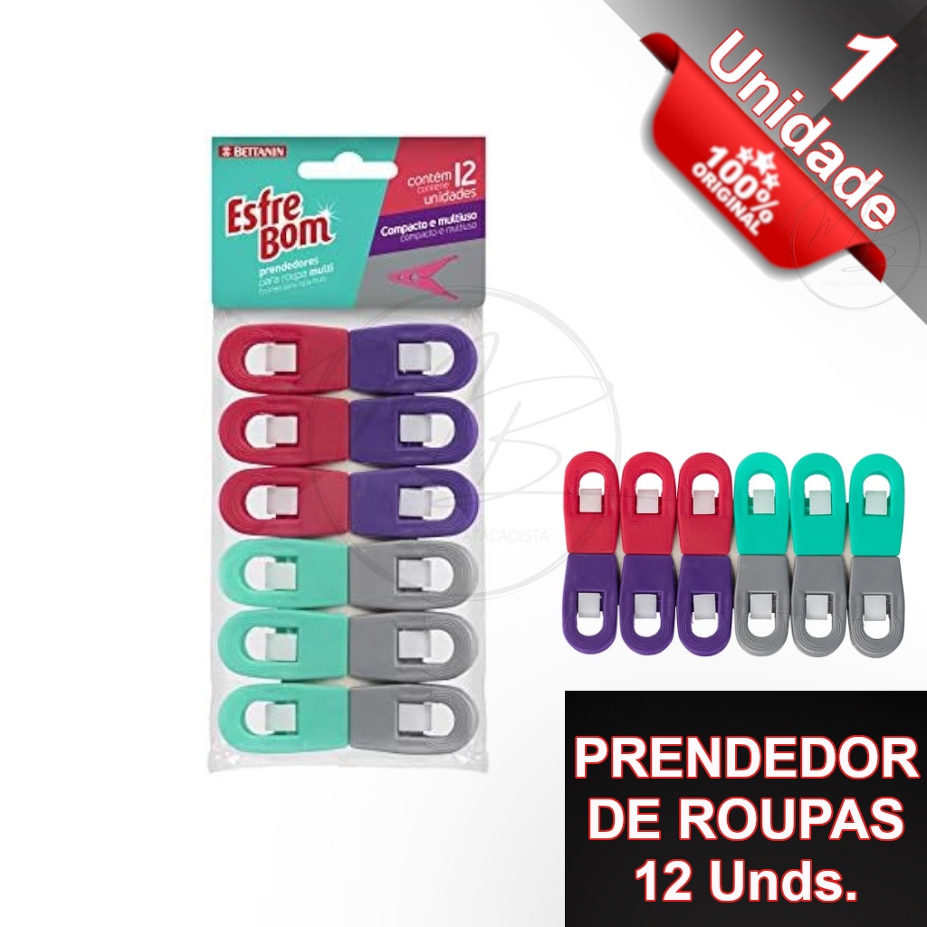 Prendedores de Roupa Compacto Multiuso Colorido C/ 12 Unds. - Esfrebom