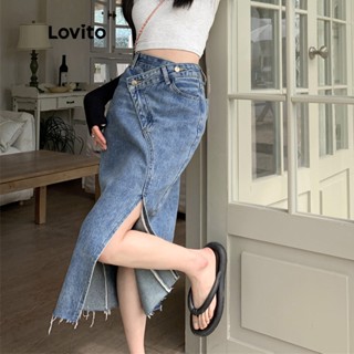 Lovito Saias Midi Jeans com Zíper na Frente e Detalhes de Fenda para Mulheres LNE09203 (Azul)