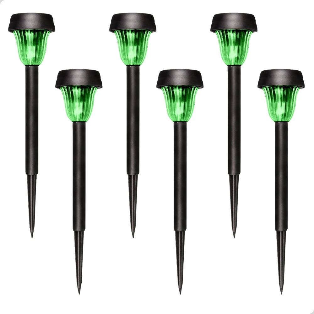 Kit 6 Luminária Espeto Solar Jardim Recarregáv Led Luz Verde