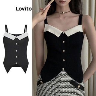 Lovito Elegante Blusa Feminina Lisa Colorblock com Botão L68ED065 (Preto)