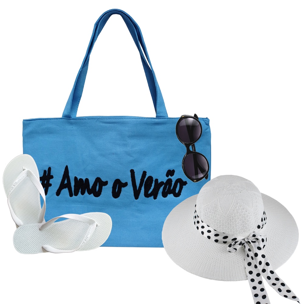 Combo Praia Feminino Básico Com Chapeu de Palha Branco Para Praia, Piscina + Bolsa De Ombro, Chinelo E Oculos De Sol Uv400 - Primavera Verão