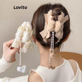 Lovito Grampos de Cabelo de Arco Removível de Pérolas com Franjas para Mulheres LFA06176 (Caqui/Off White)