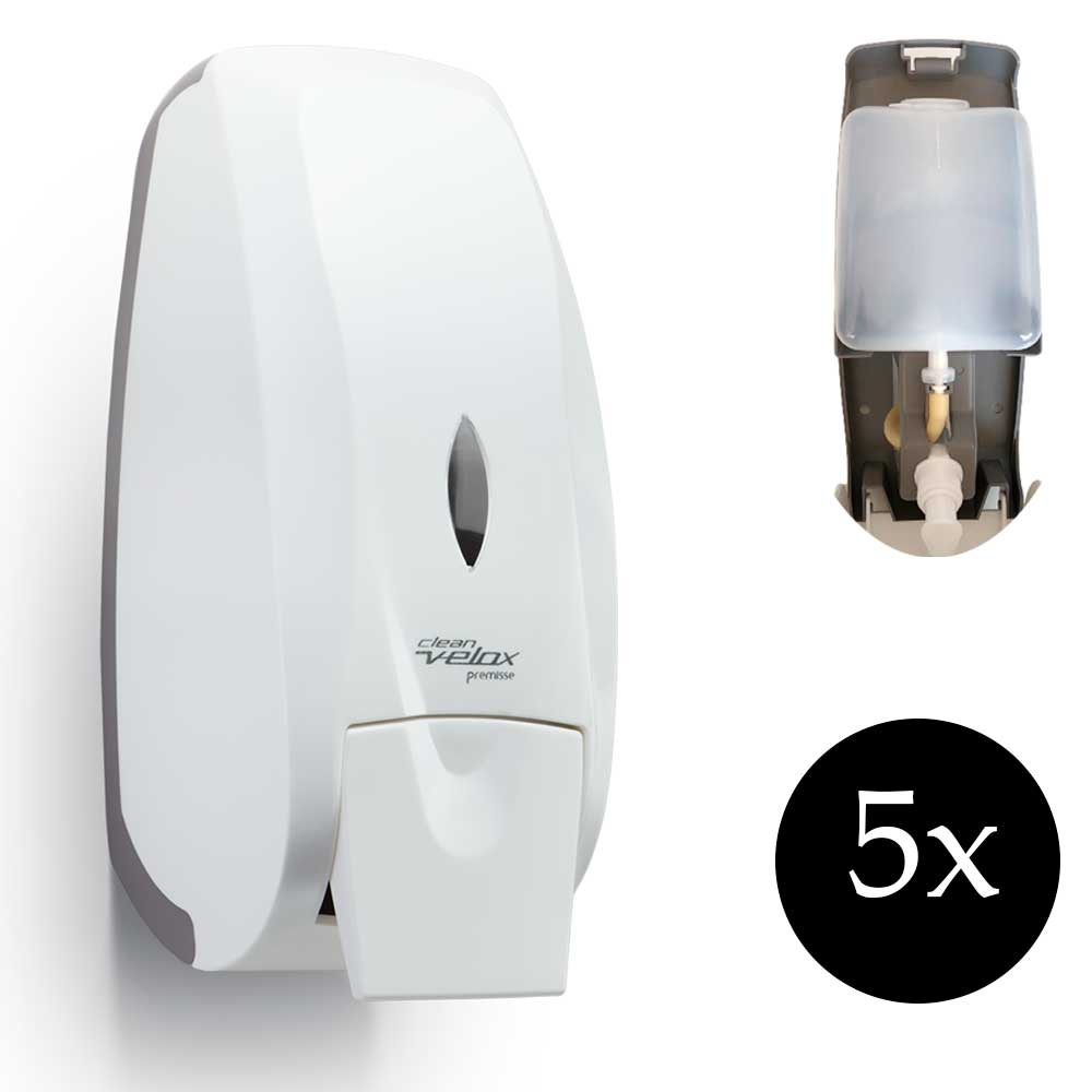 Kit 5 Saboneteira Dispenser álcool gel porta sabonete líquido reservatório Velox Premisse branco banheiro lavabo condominio restaurante bar academia Alco