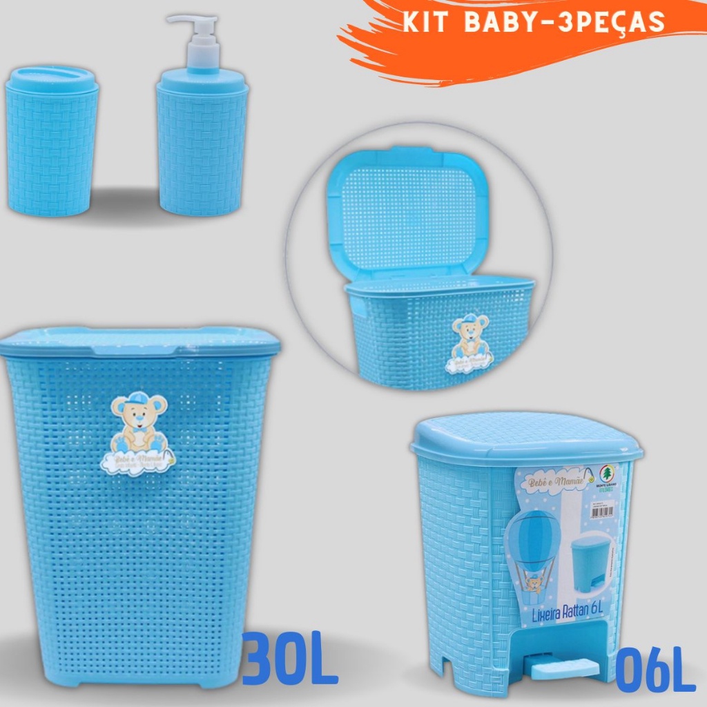 Conjunto  Banheiro Infantil Baby Com Lixeira 6L Cesto de Roupa 30L e Kit porta algodão e sabonete Liquído.