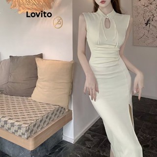 Lovito Vestido Elegante Liso Com Botões Divididos Para Mulheres LNE42386