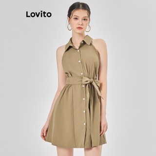 Lovito Elegante Vestido Feminino Liso Evasê com Cinto L68ED178 (Cáqui/Azul e Branco)