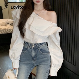 Lovito Casual Blusa Feminina Lisa Assimétrica com Babados e Botão LNA11141 (Branca)