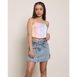 Blusa Juvenil Cropped Canelado Tomara Que Caia Tie Dye Rosa